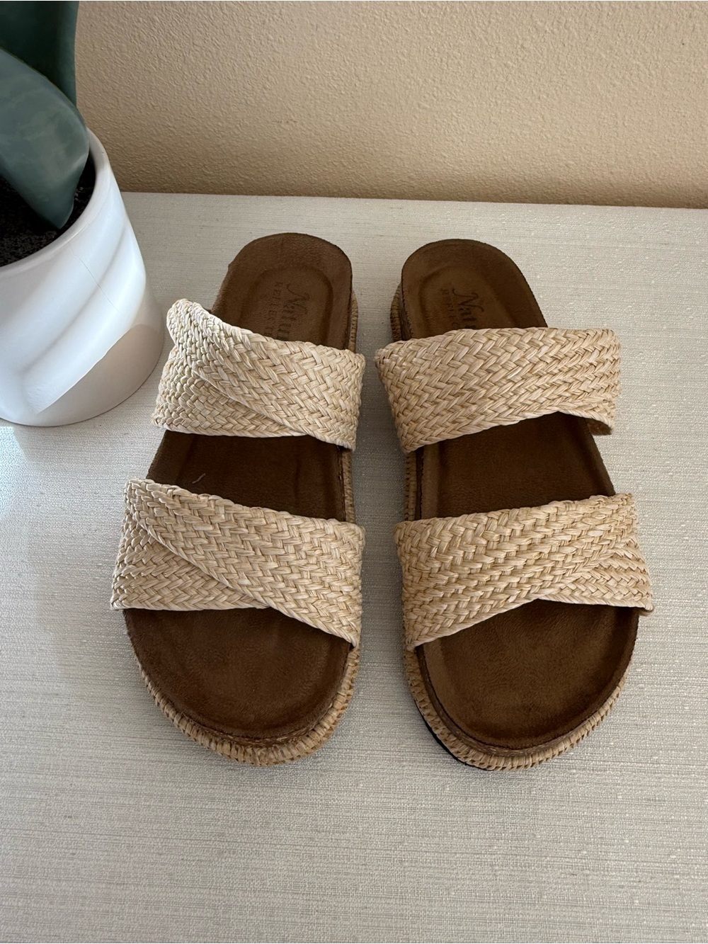 New Natural Reflections Woven Straw Double-Strap Slide Sandals in Natural